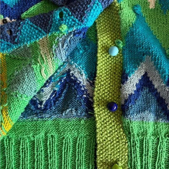 Colorful Hand-Knit Mountain & Sheep Cardigan - Blue/Green Palette - Picture 5 of 7